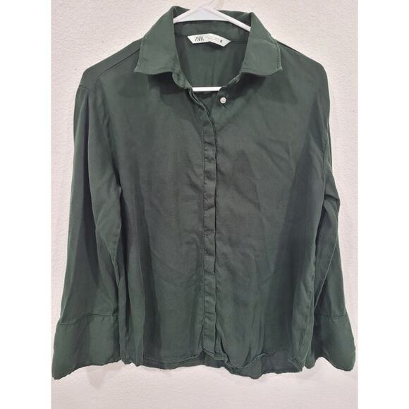 Zara Green Flowing Button Down Blouse Shirt‎ Women's size Small #10 - Picture 1 of 4